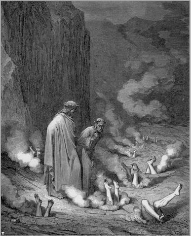 Virgílio (70-19 aC) e Dante olhando para a mulher-aranha, ilustração da  Divina Comédia (Inferno) de Dante Alighieri (1265-1321) Paris, publicada  em