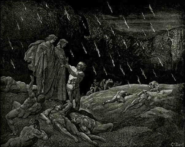 A Divina Comédia (La Divina Commedia, La Divina Comédia), Inferno, Canto  14: A violenta, atormentada na chuva de fogo - por Dante Alighieri